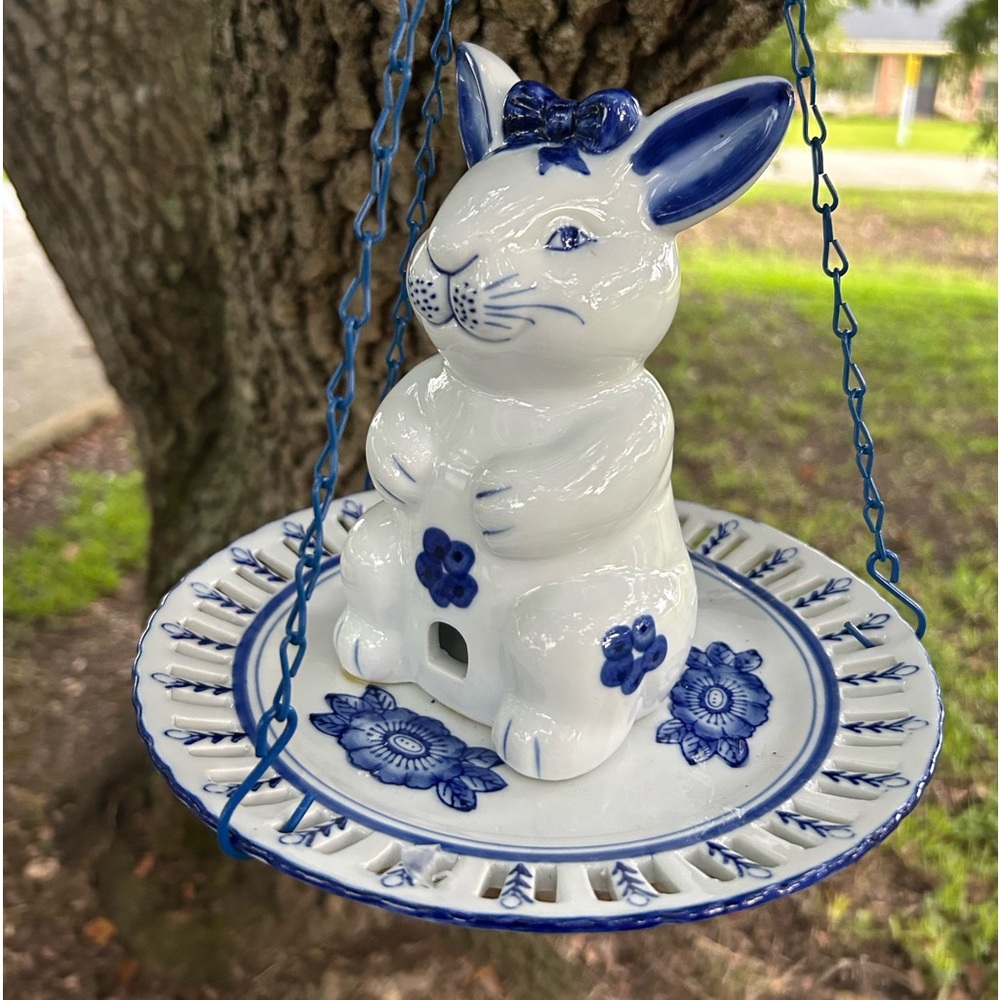 Rare and Unique Blue & White Porcelain Bunny Rabbit Bird Feeder